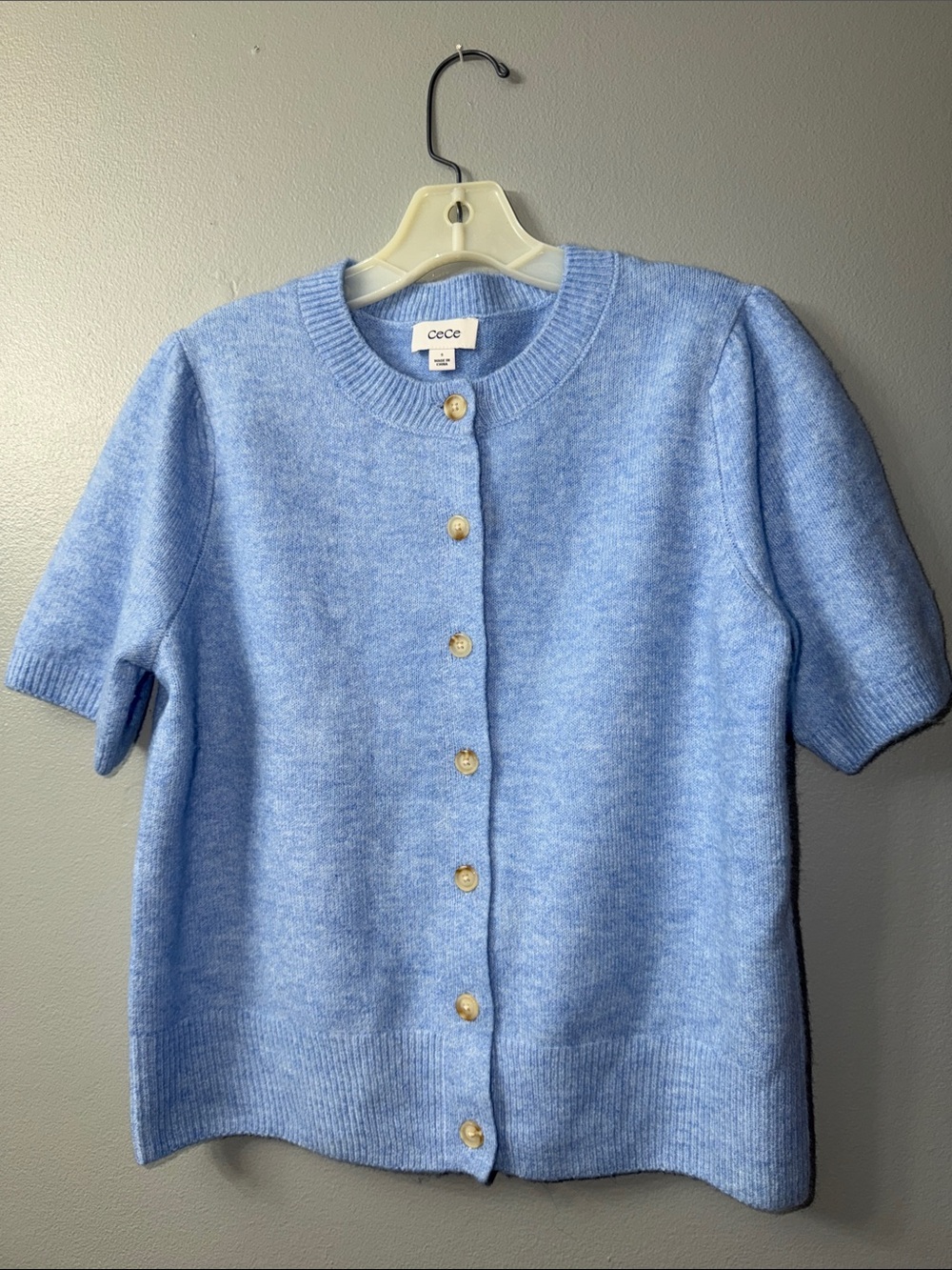 CeCe Pale Blue Short-Sleeve Button Front Cardigan small